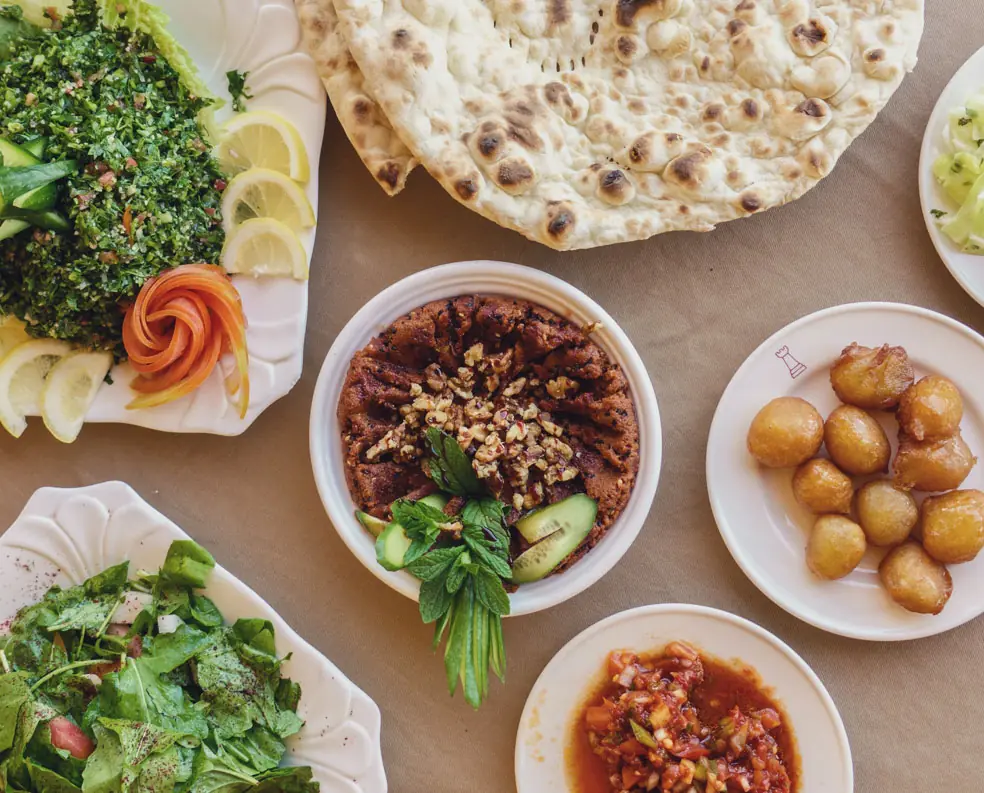 A spread of traditional Jordanian mezze and cuisine